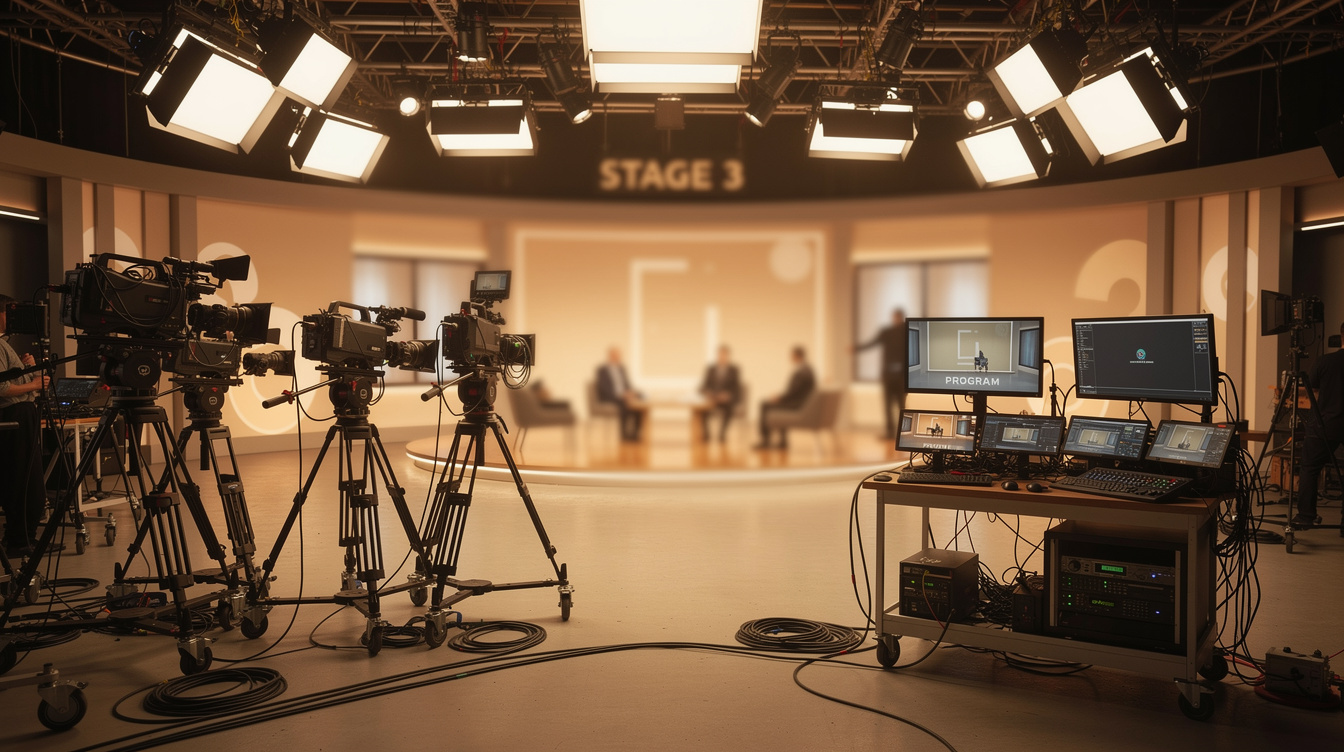 Behind the scenes view of a television studio set with cameras and lights