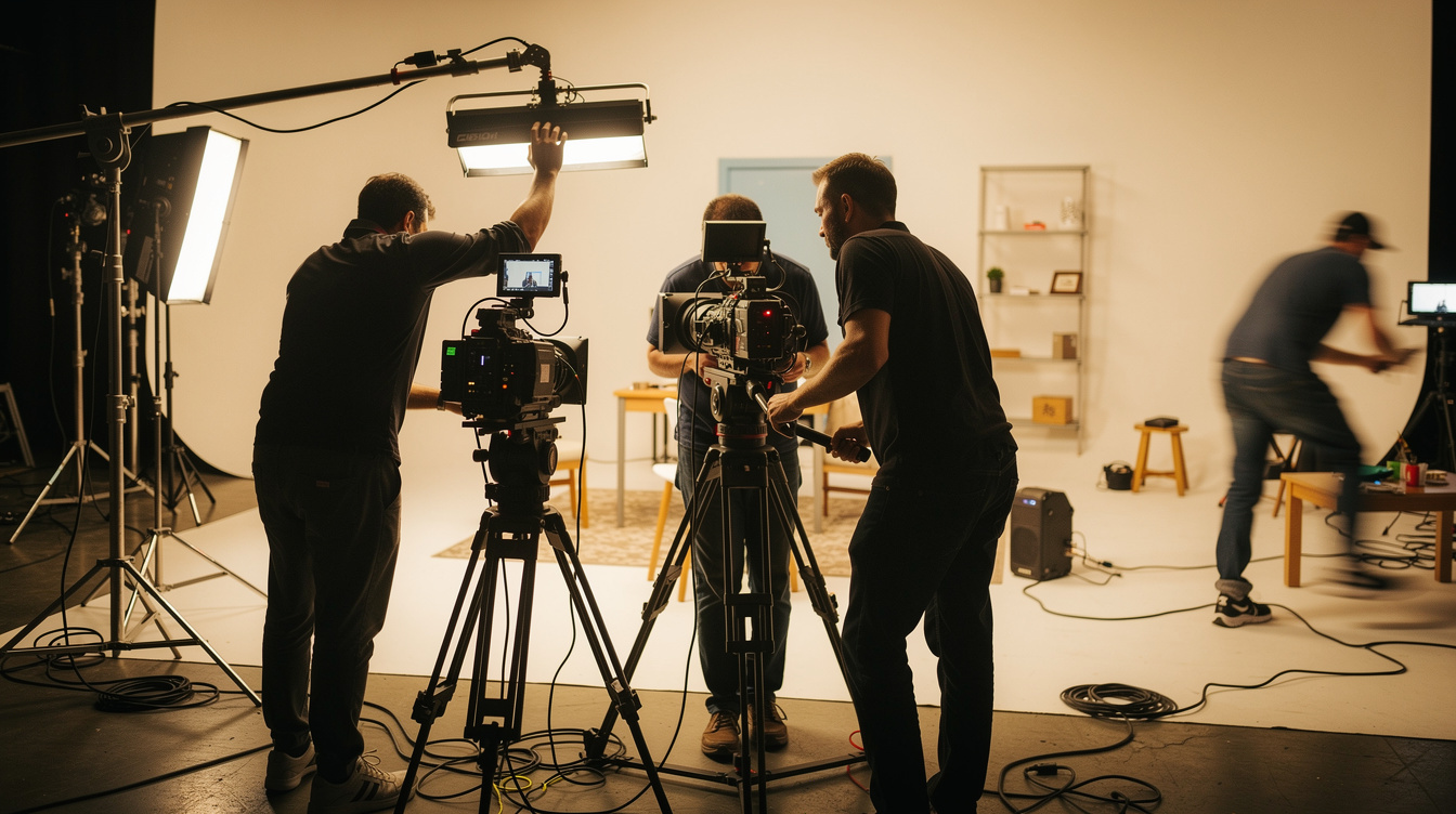 Film crew preparing camera equipment before a show recording