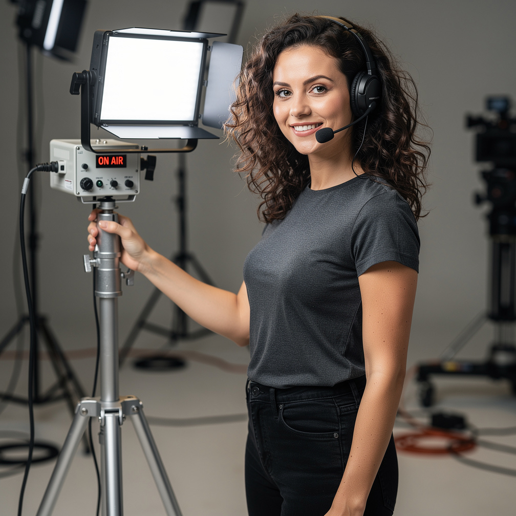 Portrait of a video technician adjusting studio lighting equipment