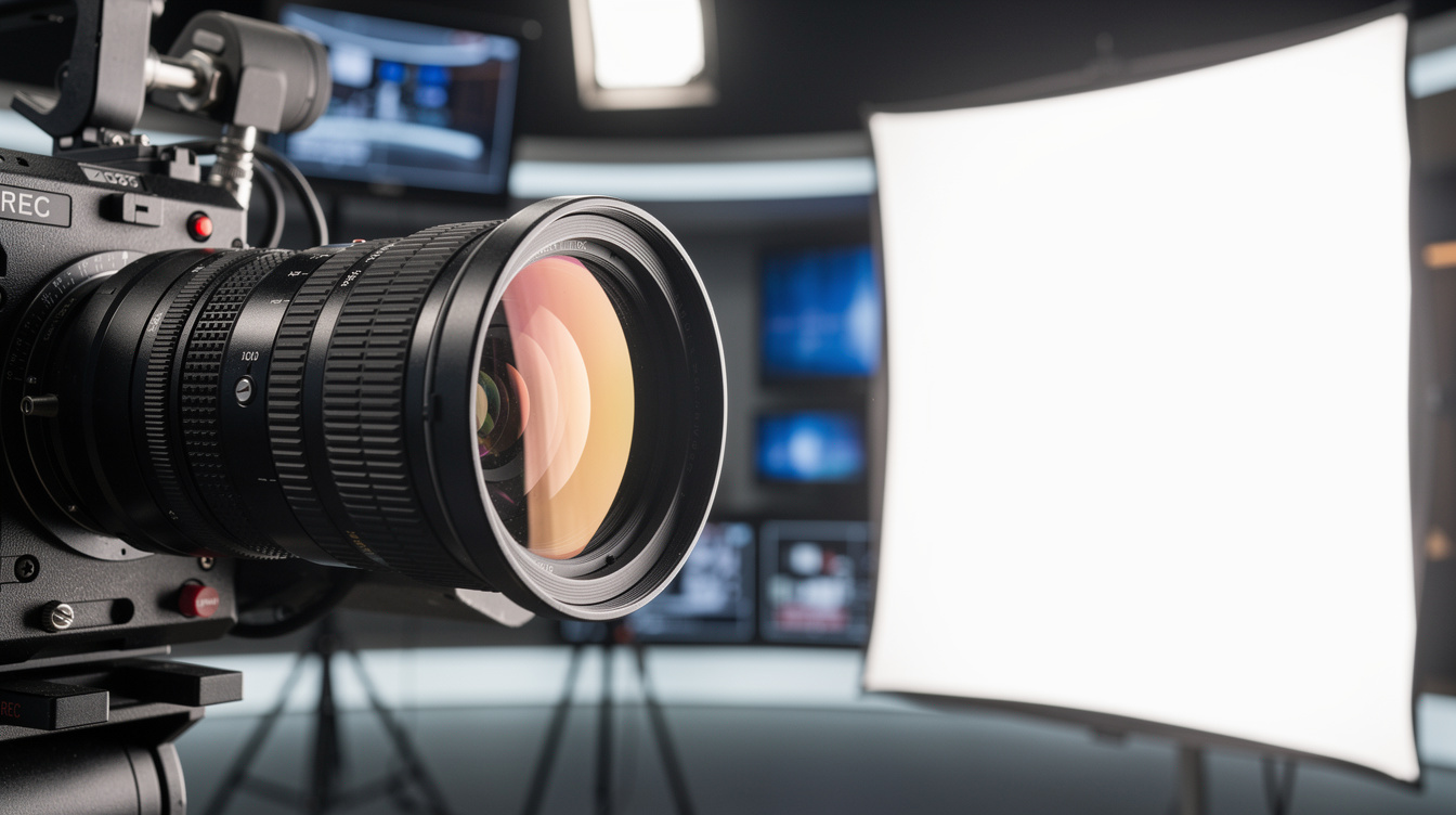 Close-up of a professional video camera lens next to a softbox light