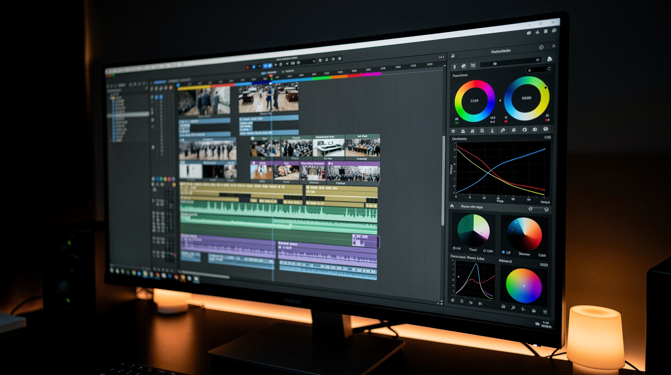 Video editing timeline displayed on a professional monitor