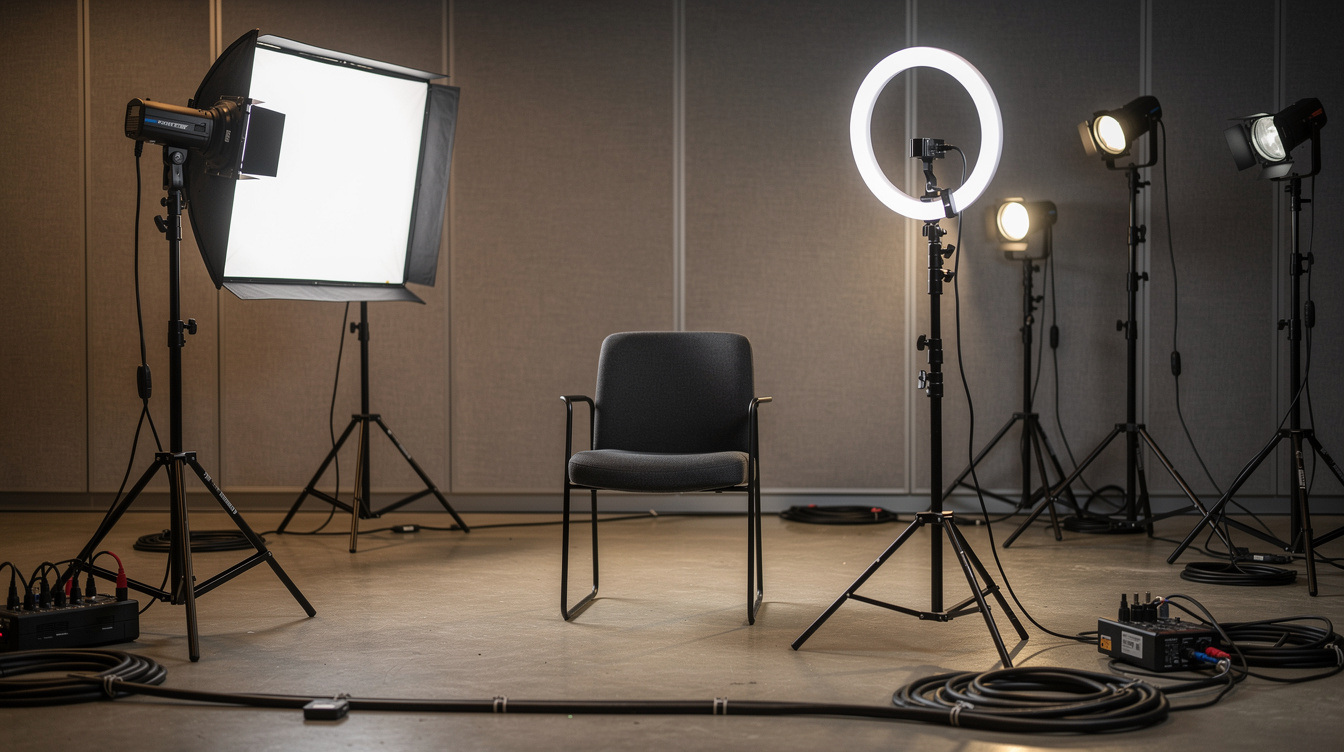 Softbox lighting equipment set up in a video production studio