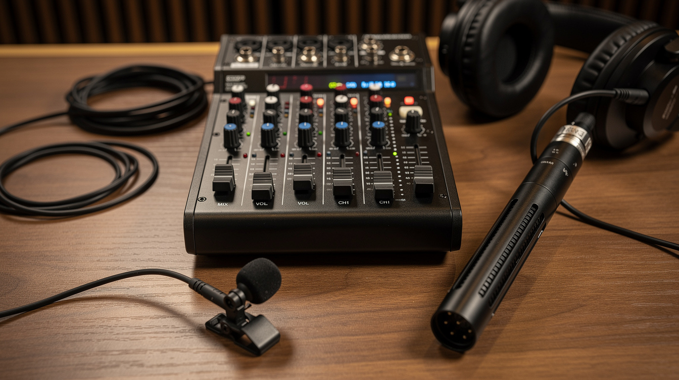 Audio mixing console and microphones prepared for a video shoot