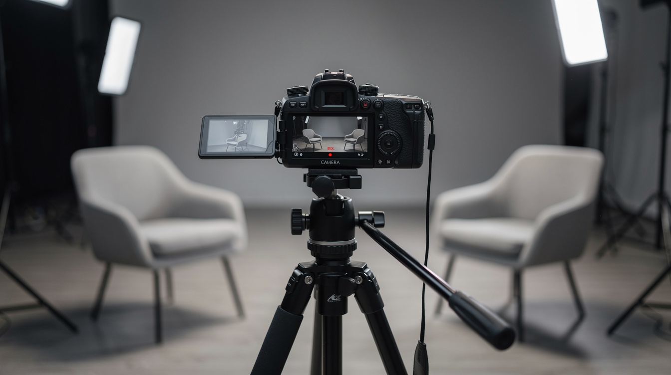 Video camera mounted on a tripod capturing an interview from a low angle