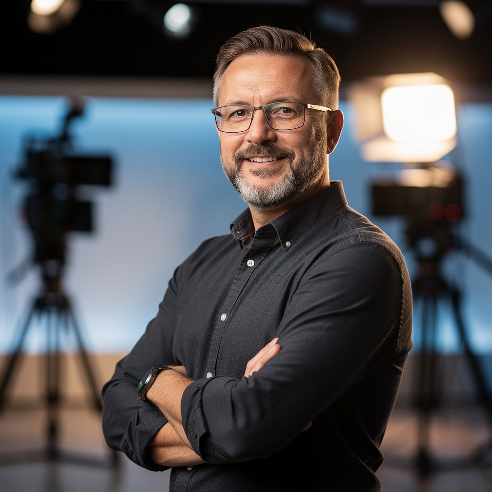 Portrait of a professional video production trainer smiling in a studio